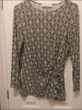 Kasper Black & White Patterned Long Sleeve Top